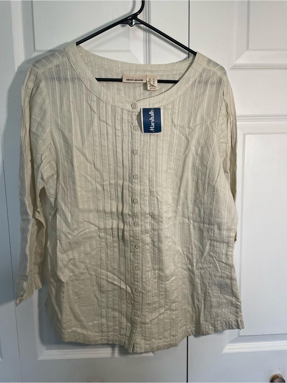 DKNY Cream Textured Cotton blend Button-Front Blouse